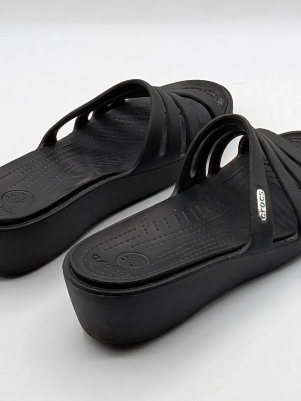 Crocs Size 7 $60 Black Huarache Strappy Comfort Slide Sandals Casual Lightweight